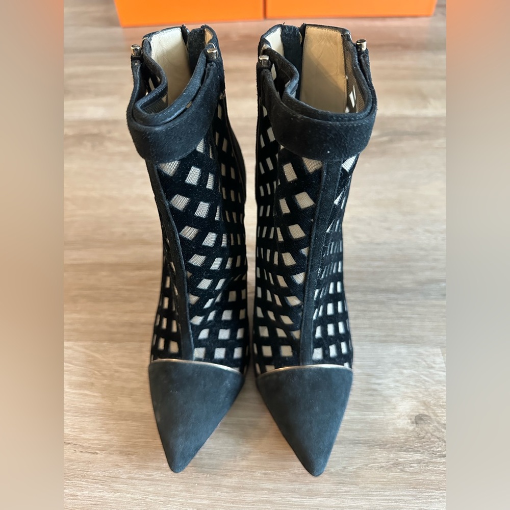 POLLINI Caged Suede & Mesh Stiletto Ankle Booties